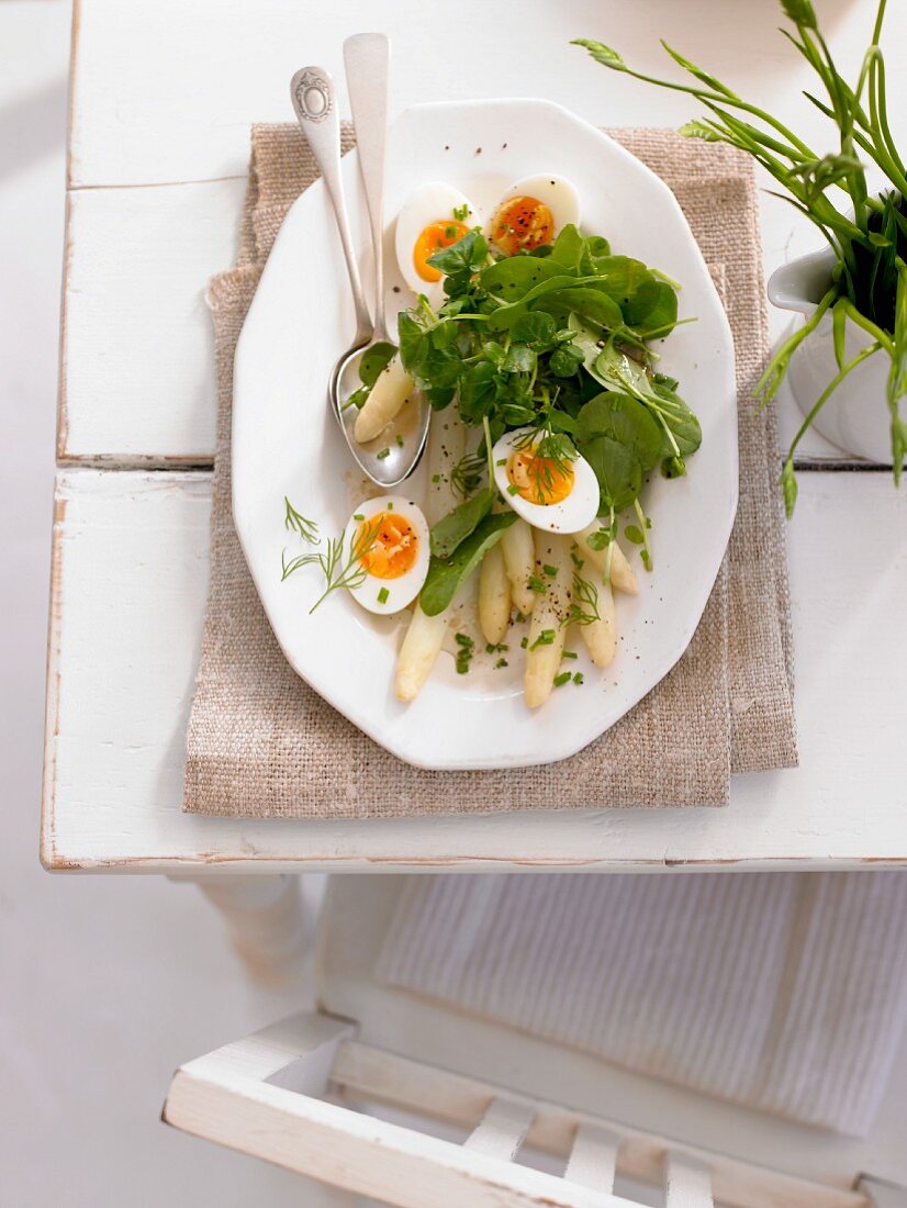 Spring salad with asparagus, egg and spinach