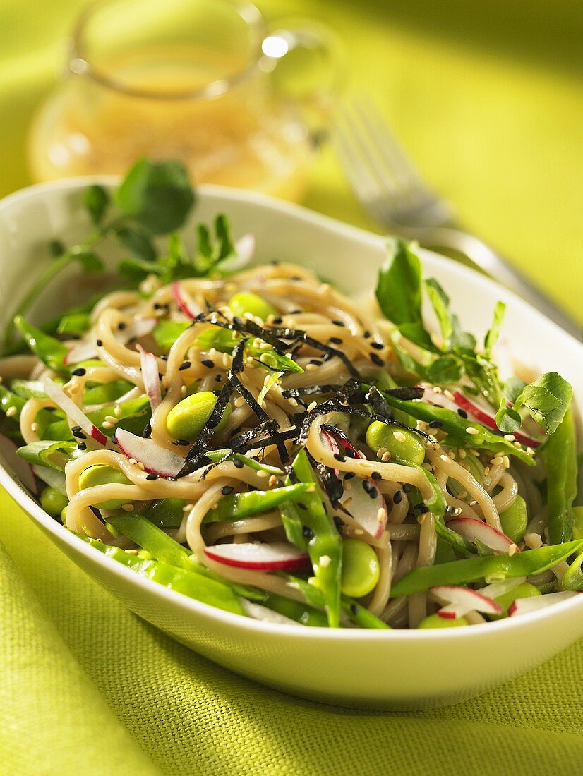 Soba noodle salad with soya beans (Asia)