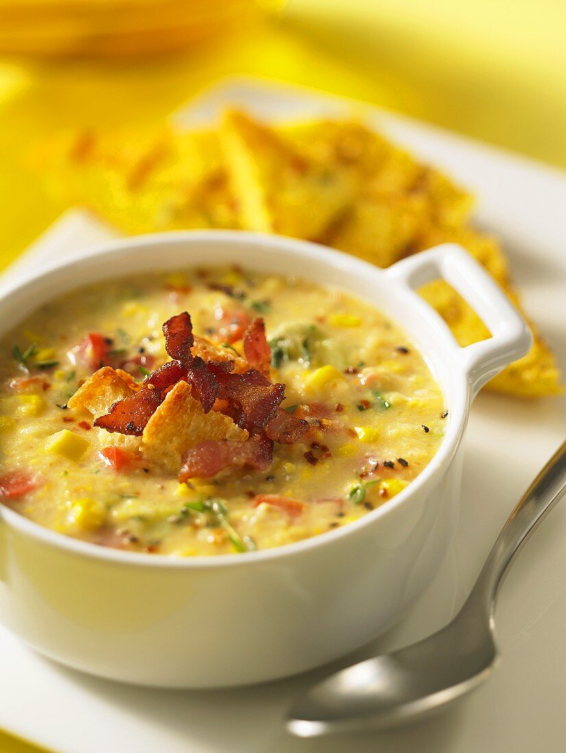 Corn chowder with bacon and croutons