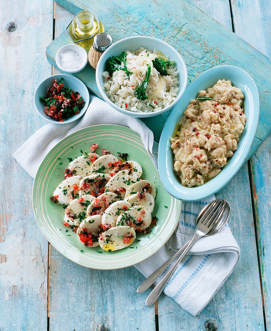 Mozzarella salad, rice salad with broccoli and bean paste
