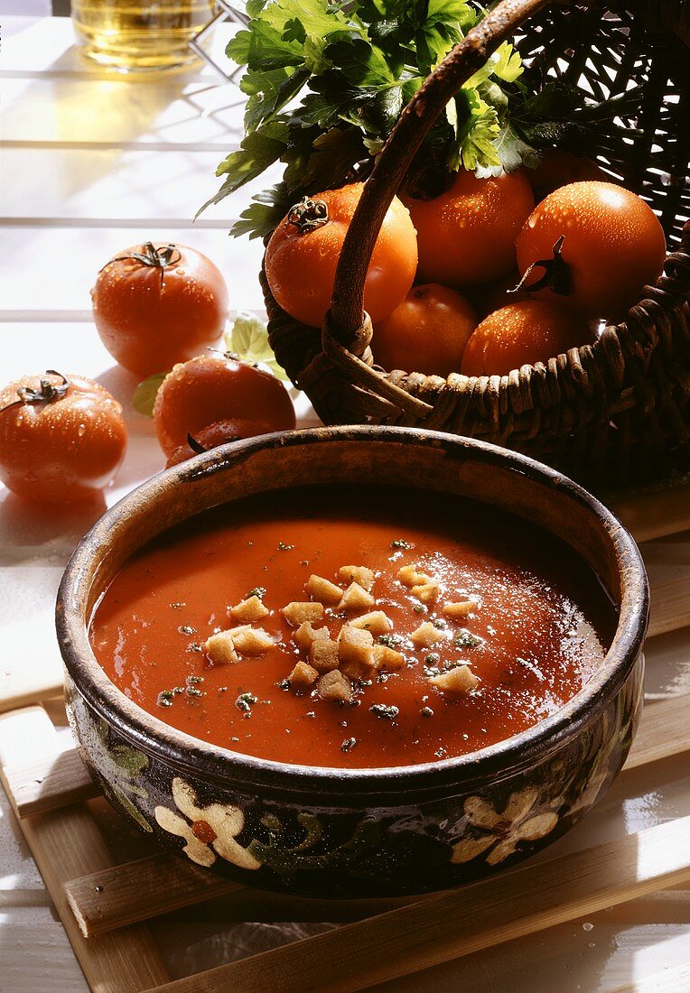 Chilled Tomato Soup with Croutons