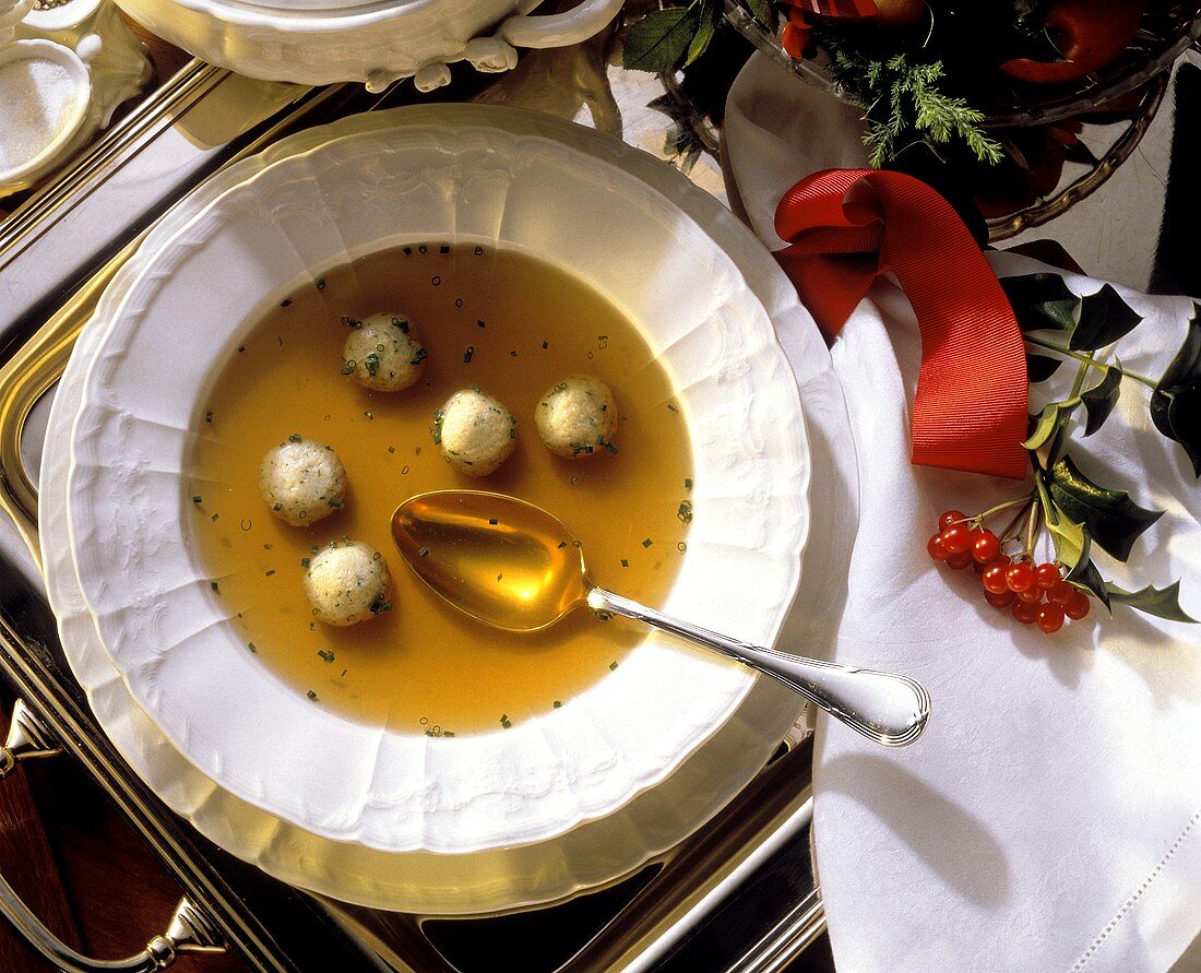 Yellow boletus consomme with marrow dumplings