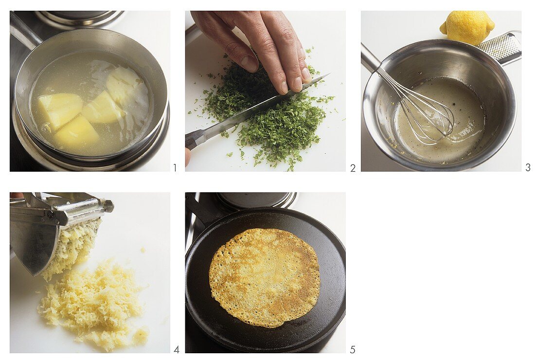Making potato crepes with chervil sauce
