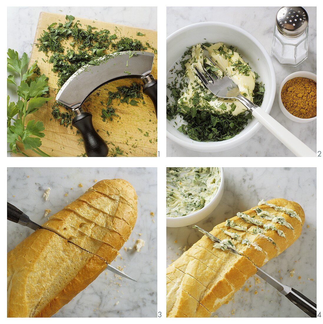 Preparing herb baguette