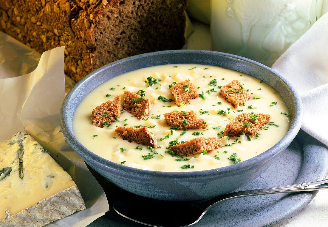 Turnip Cabbage Soup with Blue Cheese and Croutons