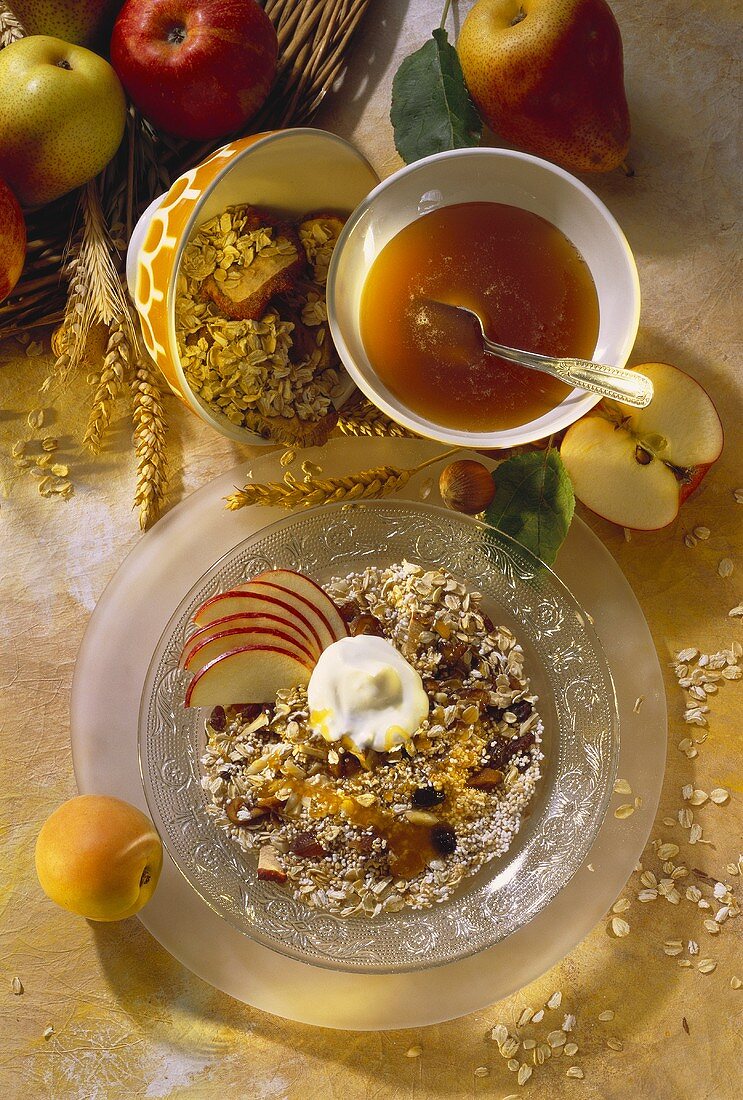 A Healthy Breakfast of Muesli with Yogurt; Honey