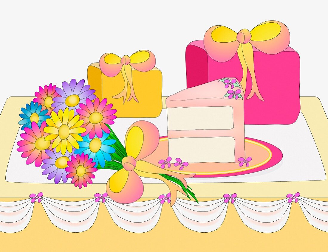 Party mit Kuchen, Blumen und Geschenken (Illustration)