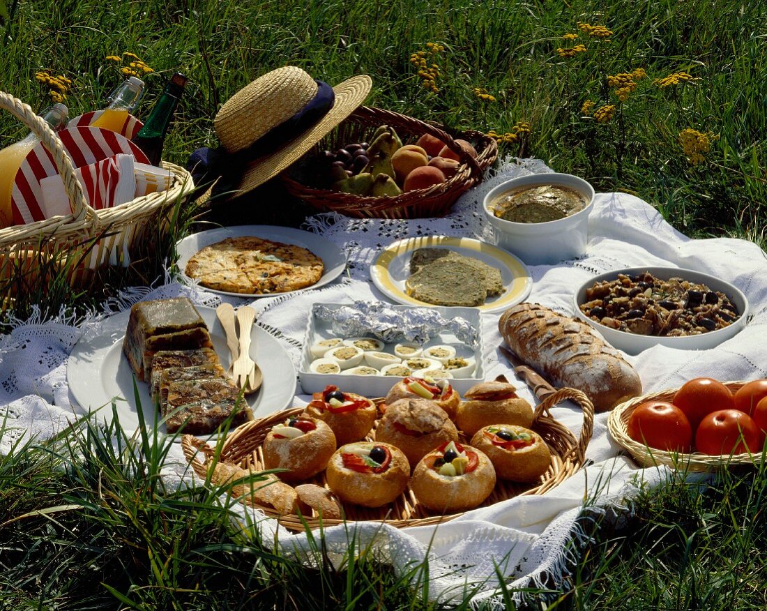 picnic with herb omelette, terrine in jelly, bagnat bread and ratatouille