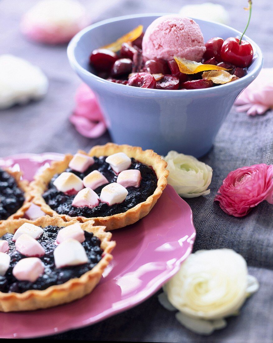 Stewed cherries with yoghurt ice cream, blackcurrant tartlets topped with grilled marshmallows