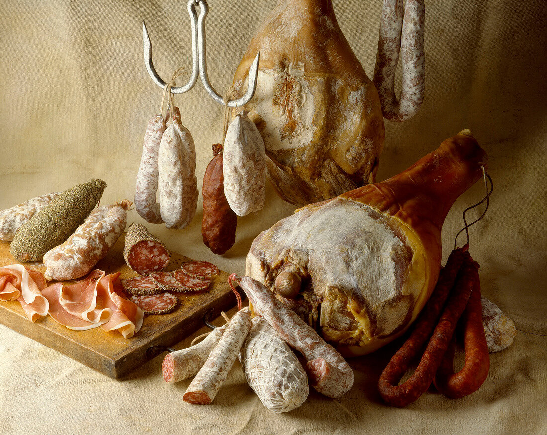 Selection of saucisson sausages and hams