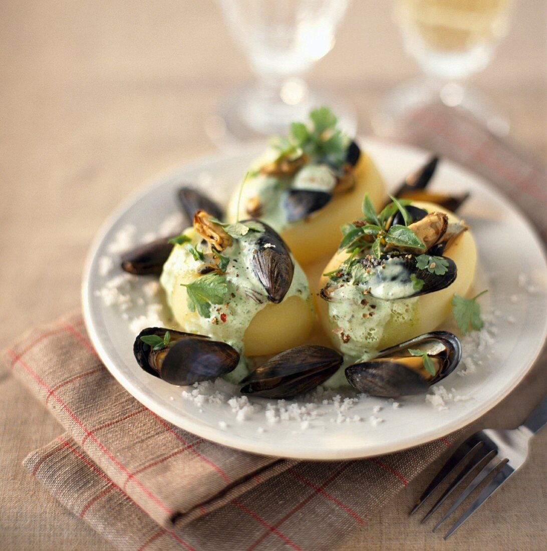 Baked potatoes stuffed with mussels