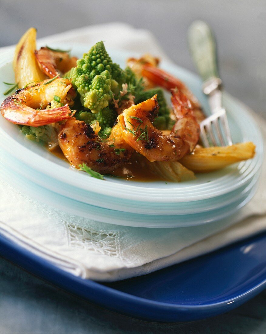 Pan-fried gambas flambéed à l'armoricaine