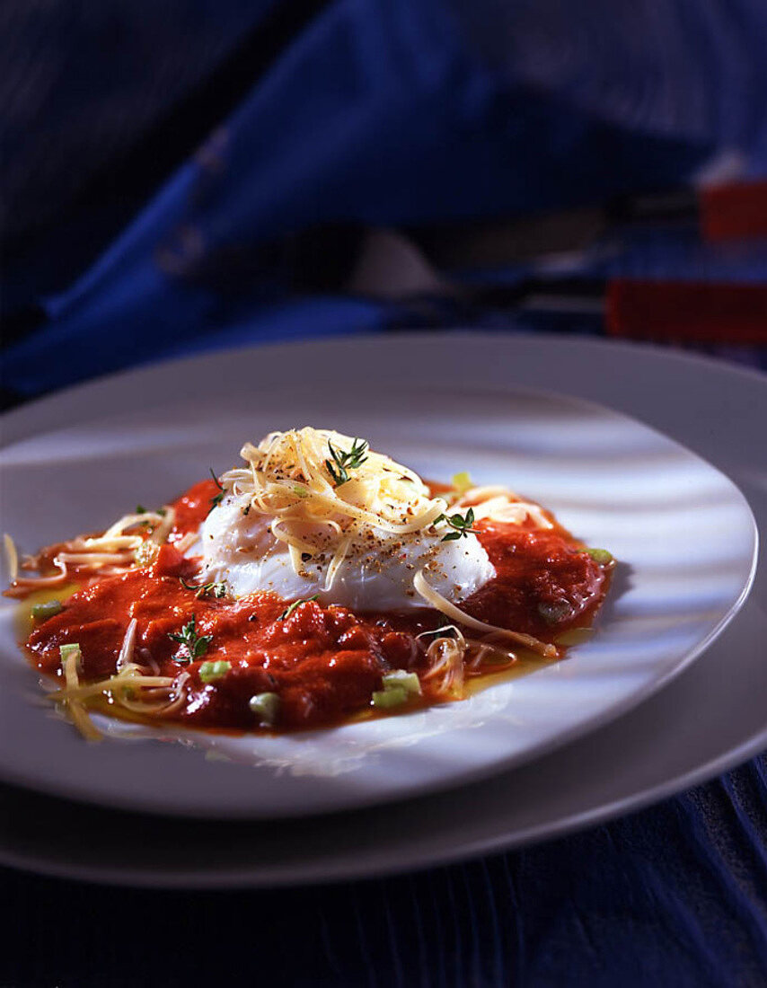 Creamed tomato ledam soft-boiled eggs