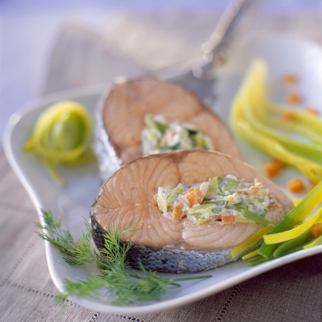 Salmon with spring vegetable stuffing