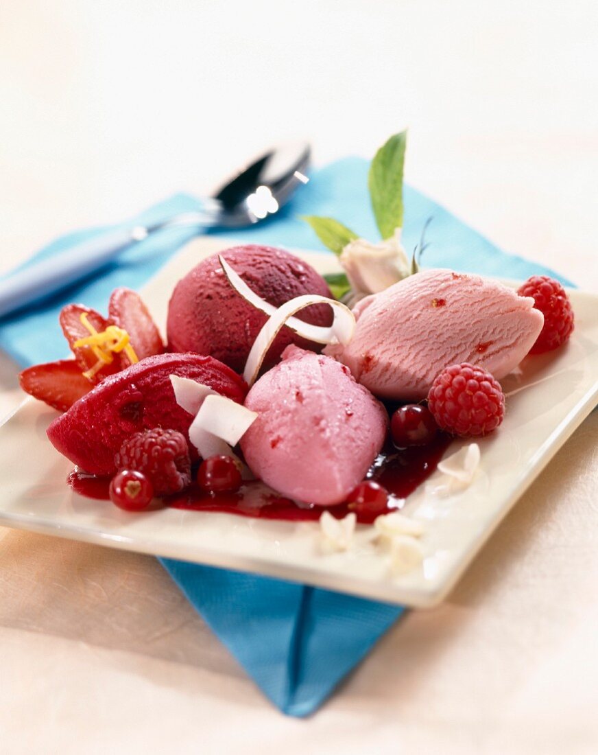 Summer fruit, strawberry and raspberry ice cream dessert