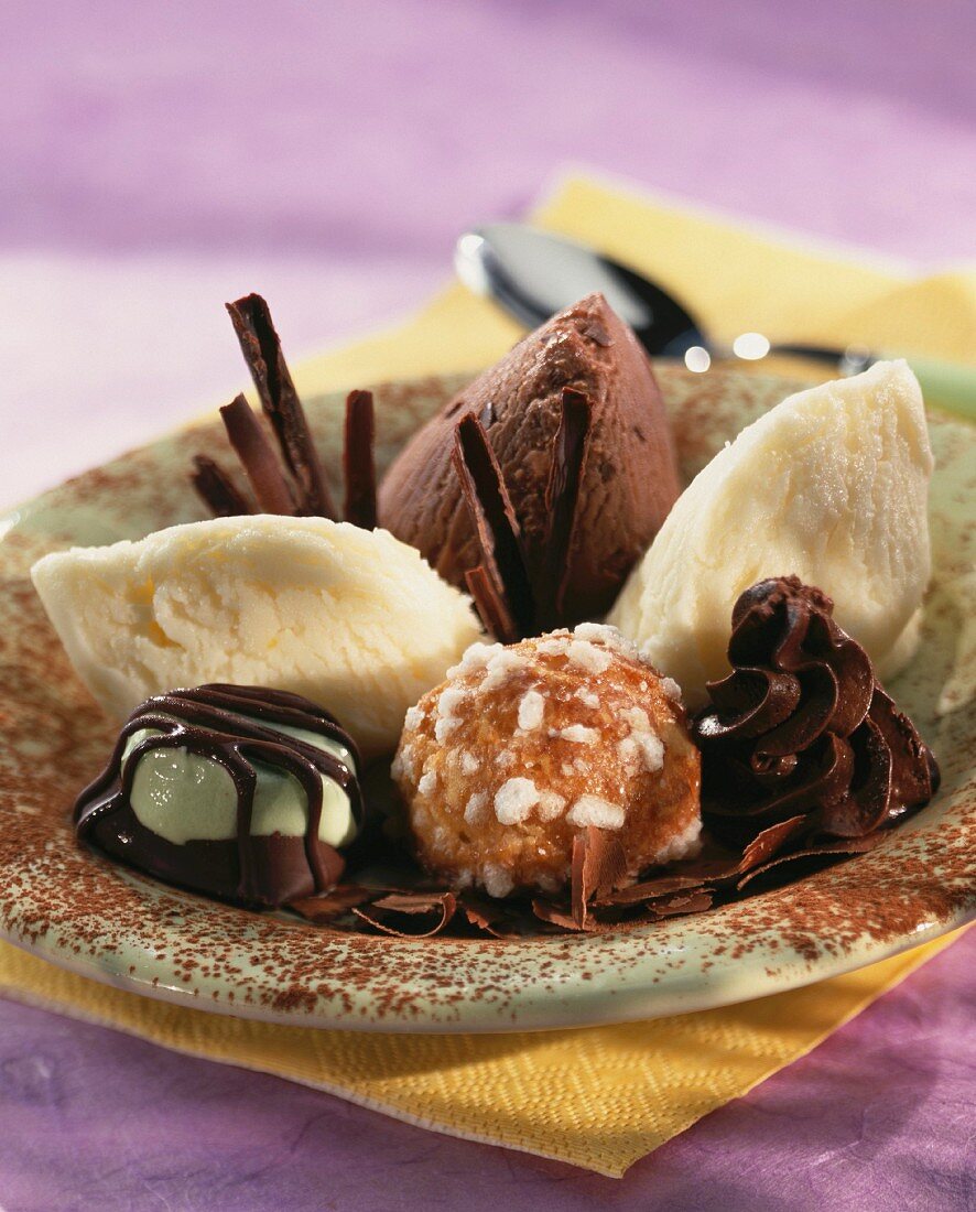 White and dark chocolate ice cream with delicacies