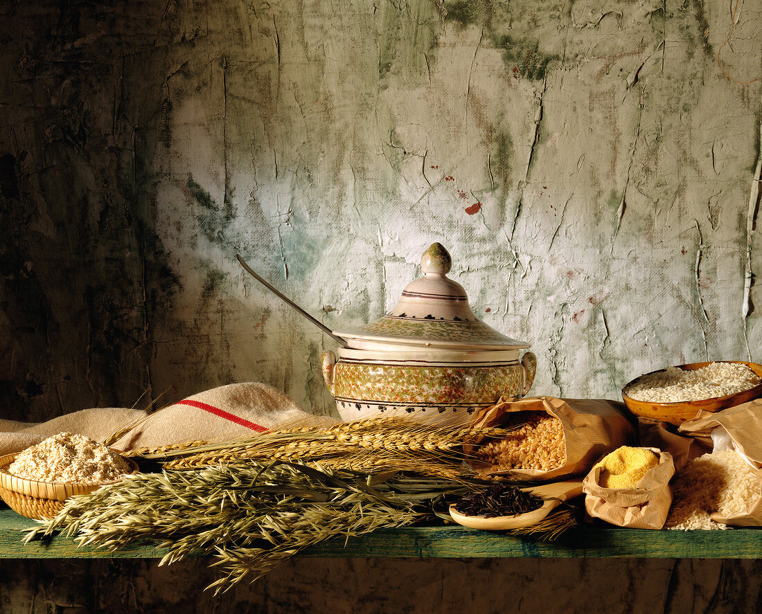 selection of cereal grains and soup tureen