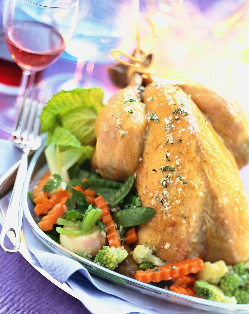 Roast chicken with baby vegetables