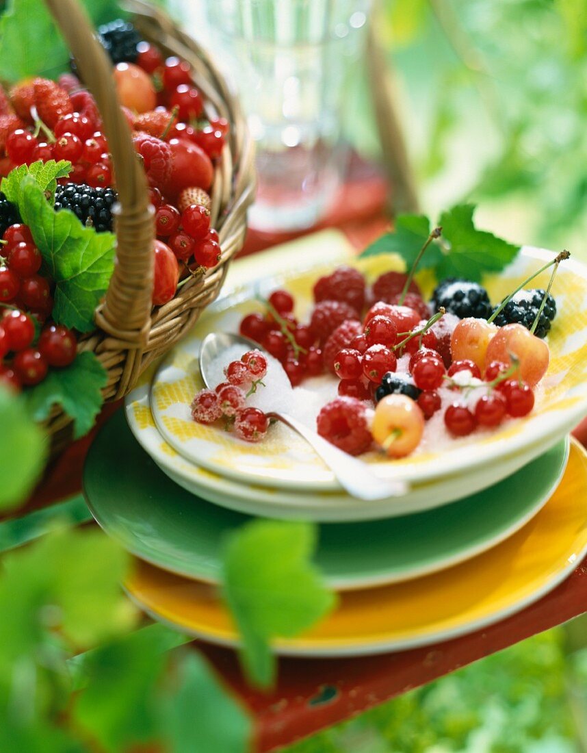 A dessert with forest fruits outside