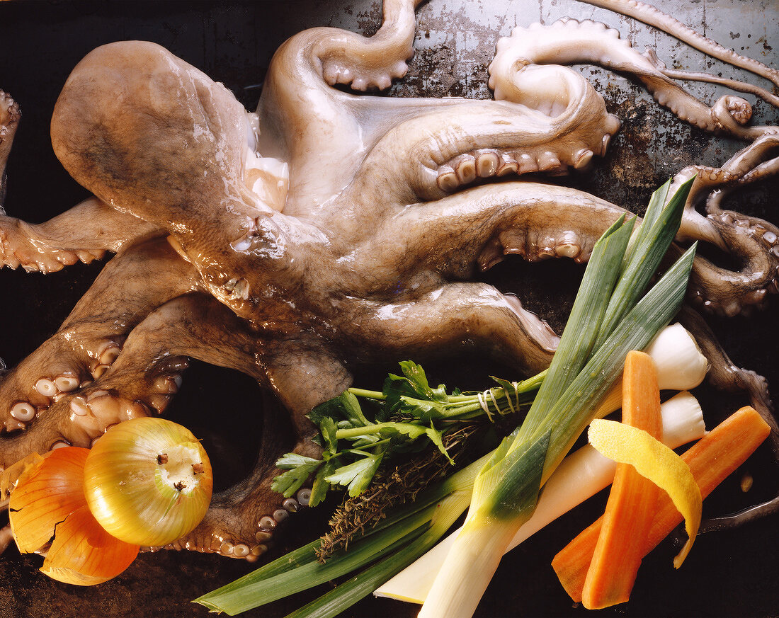 Stillleben mit Oktopus und Gemüse
