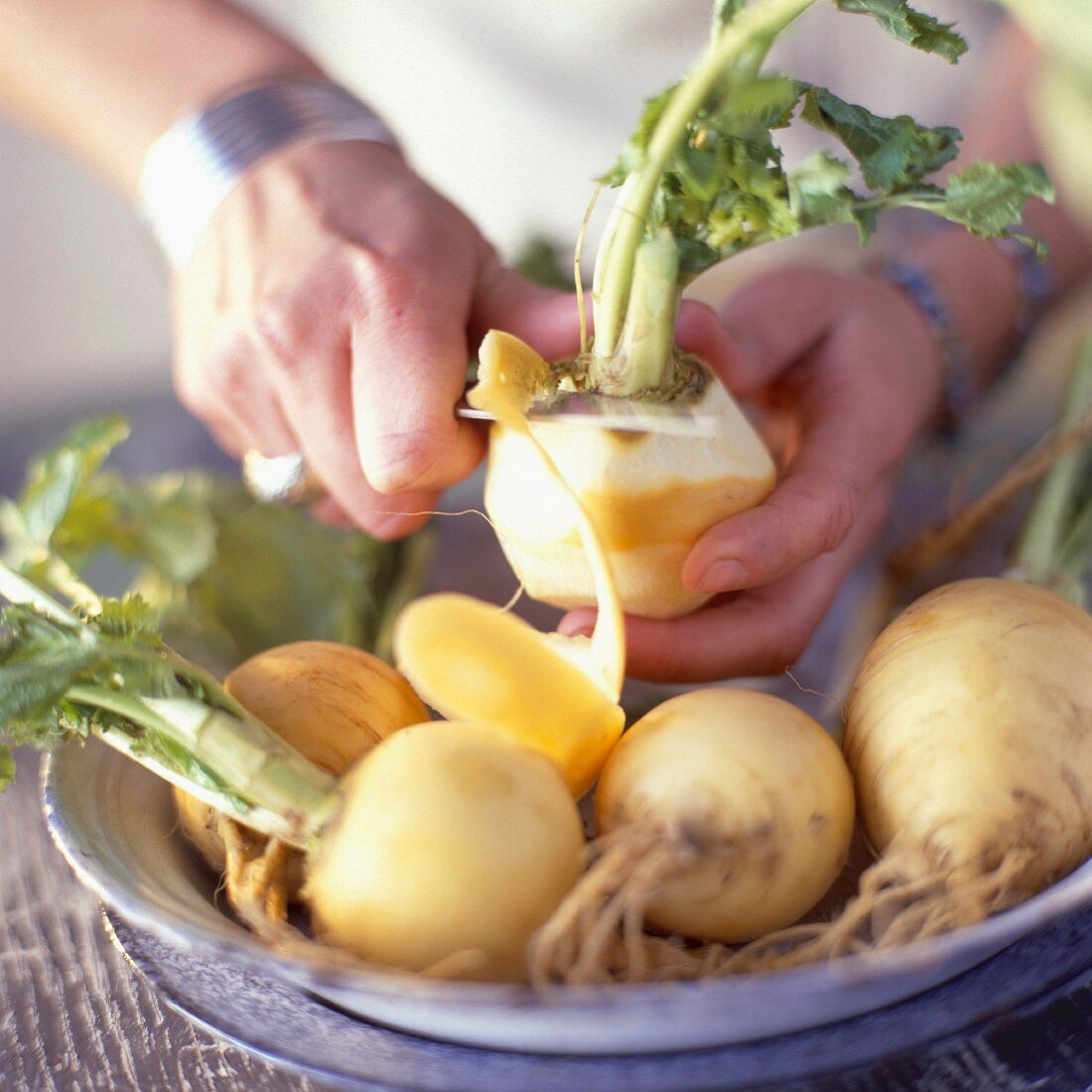 peeling turnips