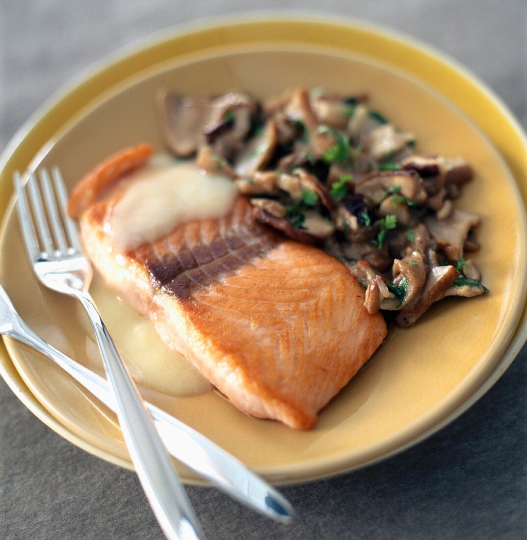 Gebratenes Lachsfilet mit Steinpìlzen