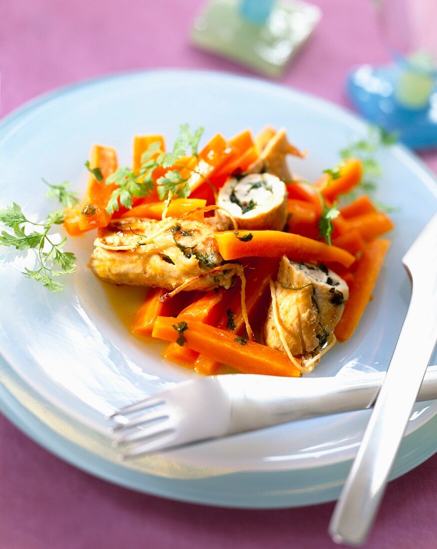 Iced carrots with grapefruit and chervil, Boursin and herb Saltimboccas