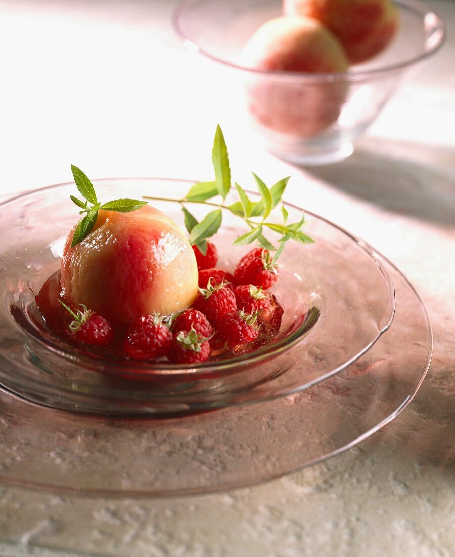 Poached pears with raspberries