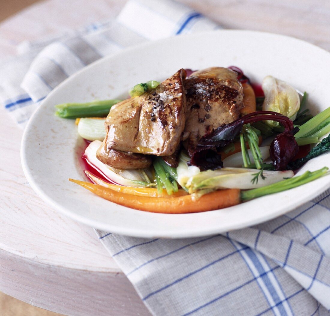 Foie gras escalope with vegetables