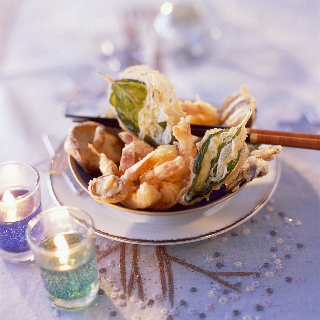 Vegetable tempura with herbs and prawns