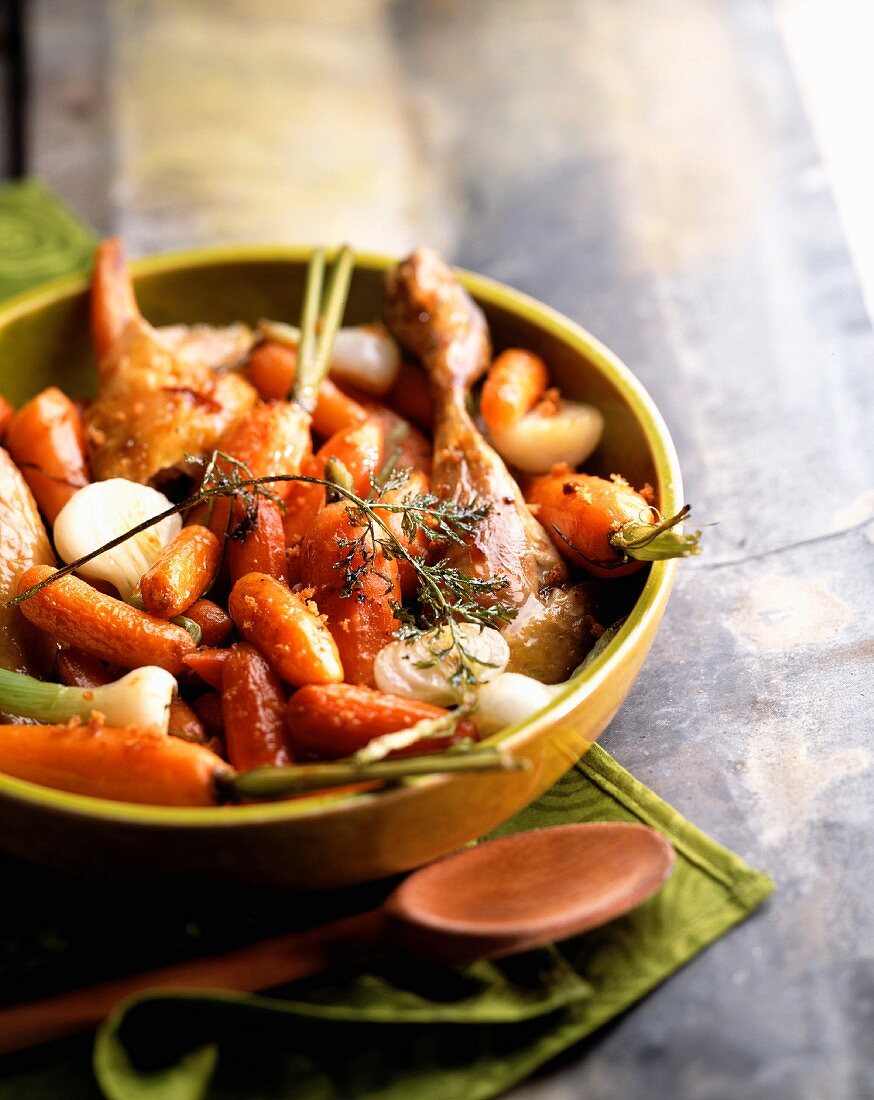 Roast guinea-fowl and carrots