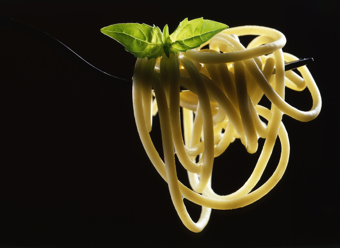 Spaghetti mit Basilikum auf einer Gabel vor schwarzem Hintergrund