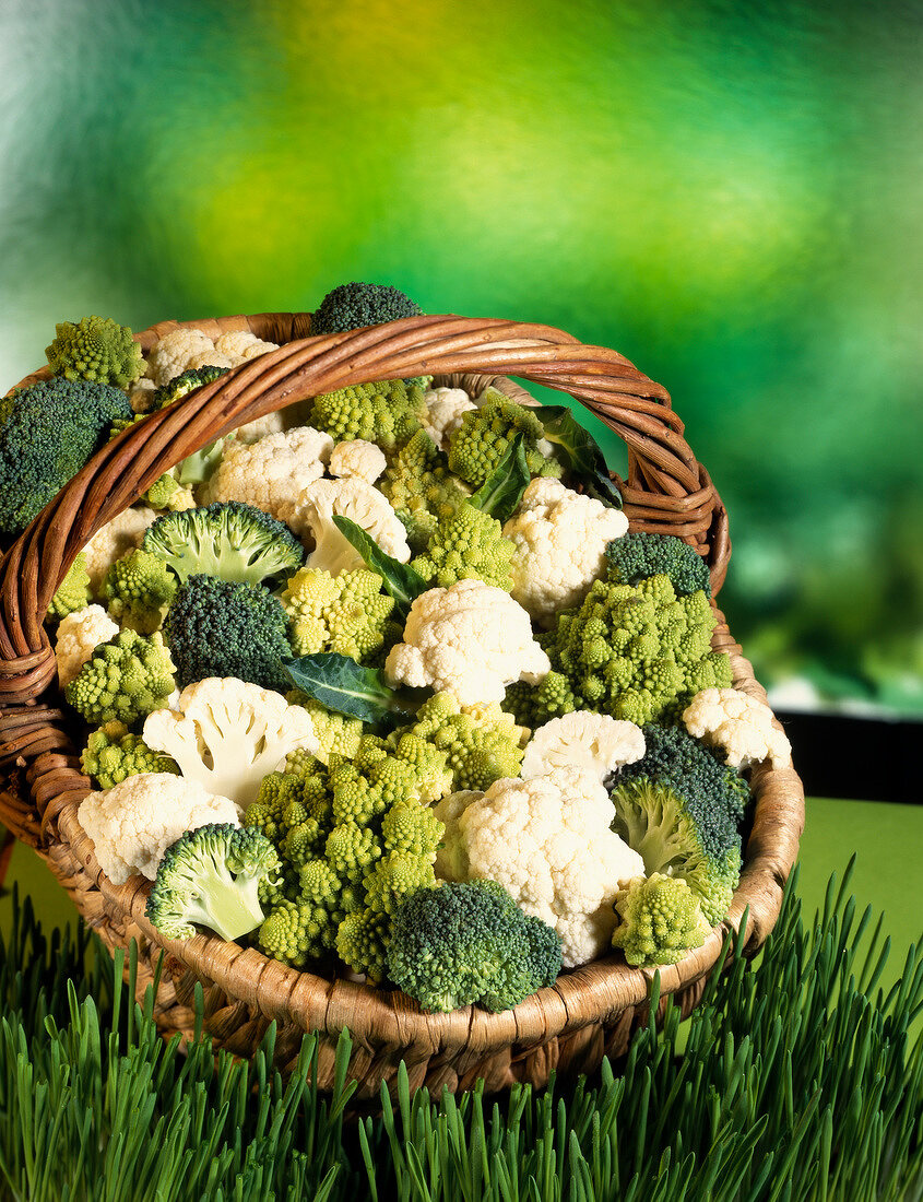 Basket of cauliflower, broccoli and Romanesco