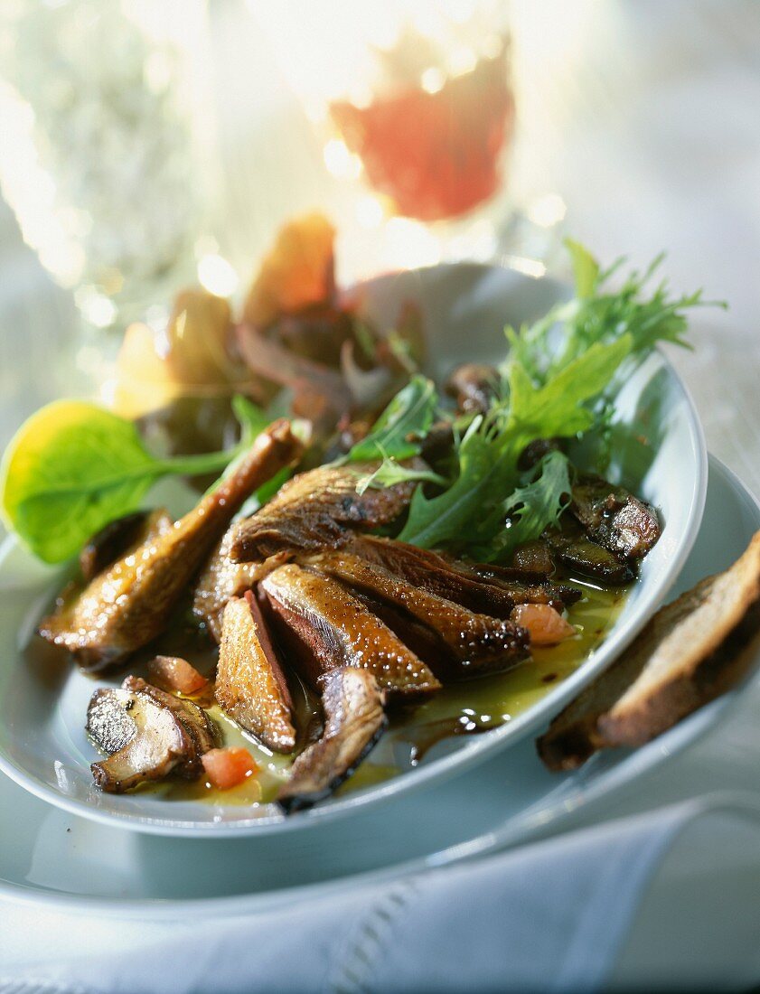 Young pigeon, cep and foie gras salad