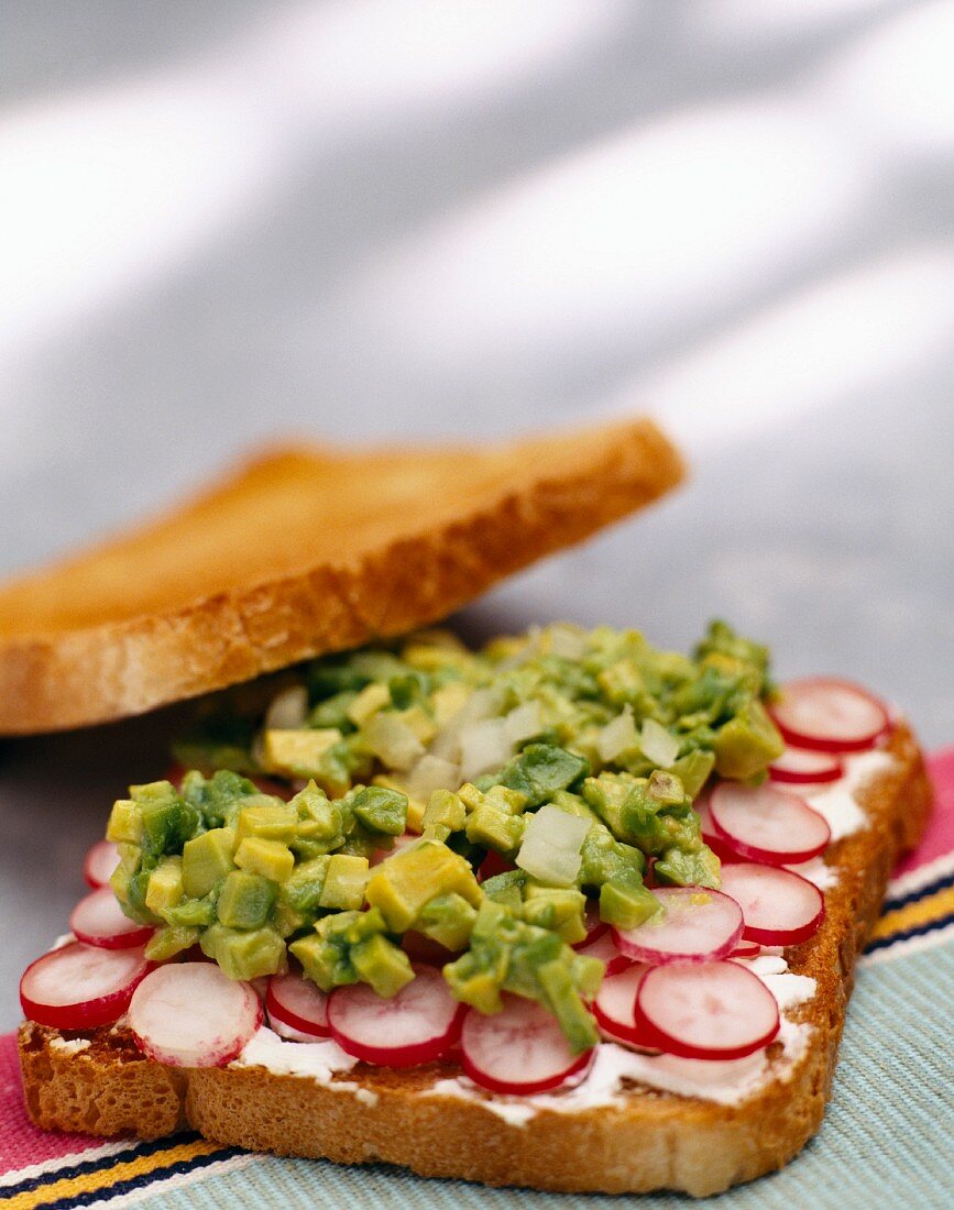 Avocado, goat's cheese and radish toasted sandwich