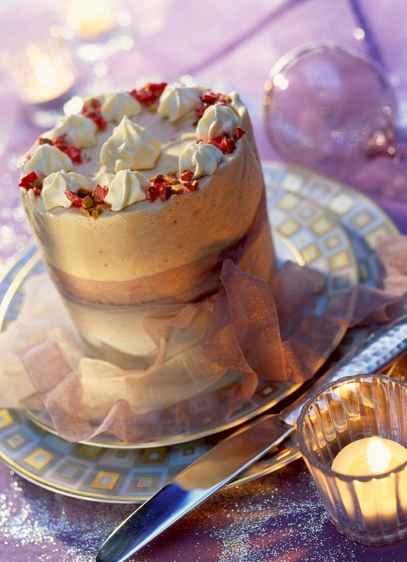 Praline and pistachio ice cream vacherin dessert