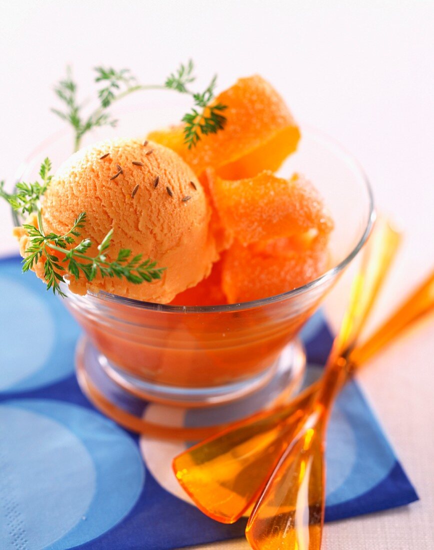 Orange sorbet with carrot sauce