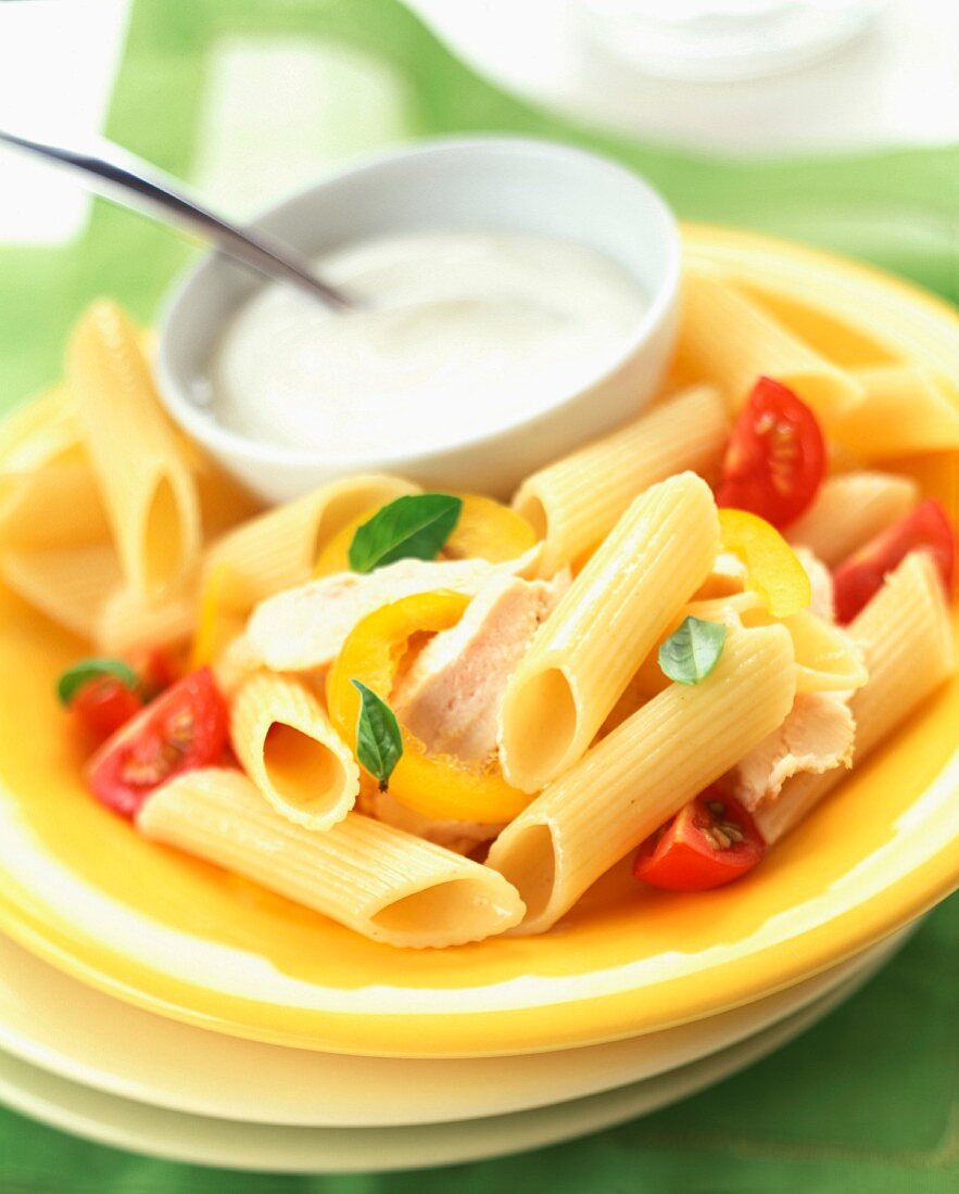 Penne mit Hähnchen und Joghurtdip