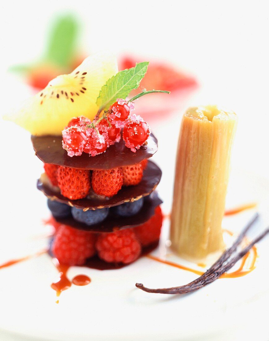 Layered summer fruit, chocolate and stewed rhubarb dessert