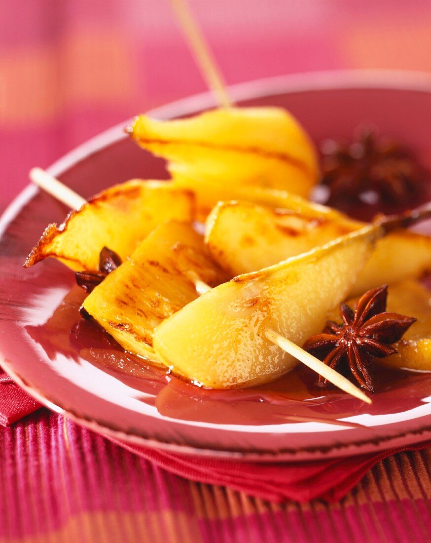 Pineapple and pear skewers with star anise