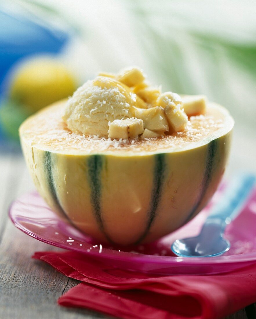 Melon with ice cream and exotic fruit