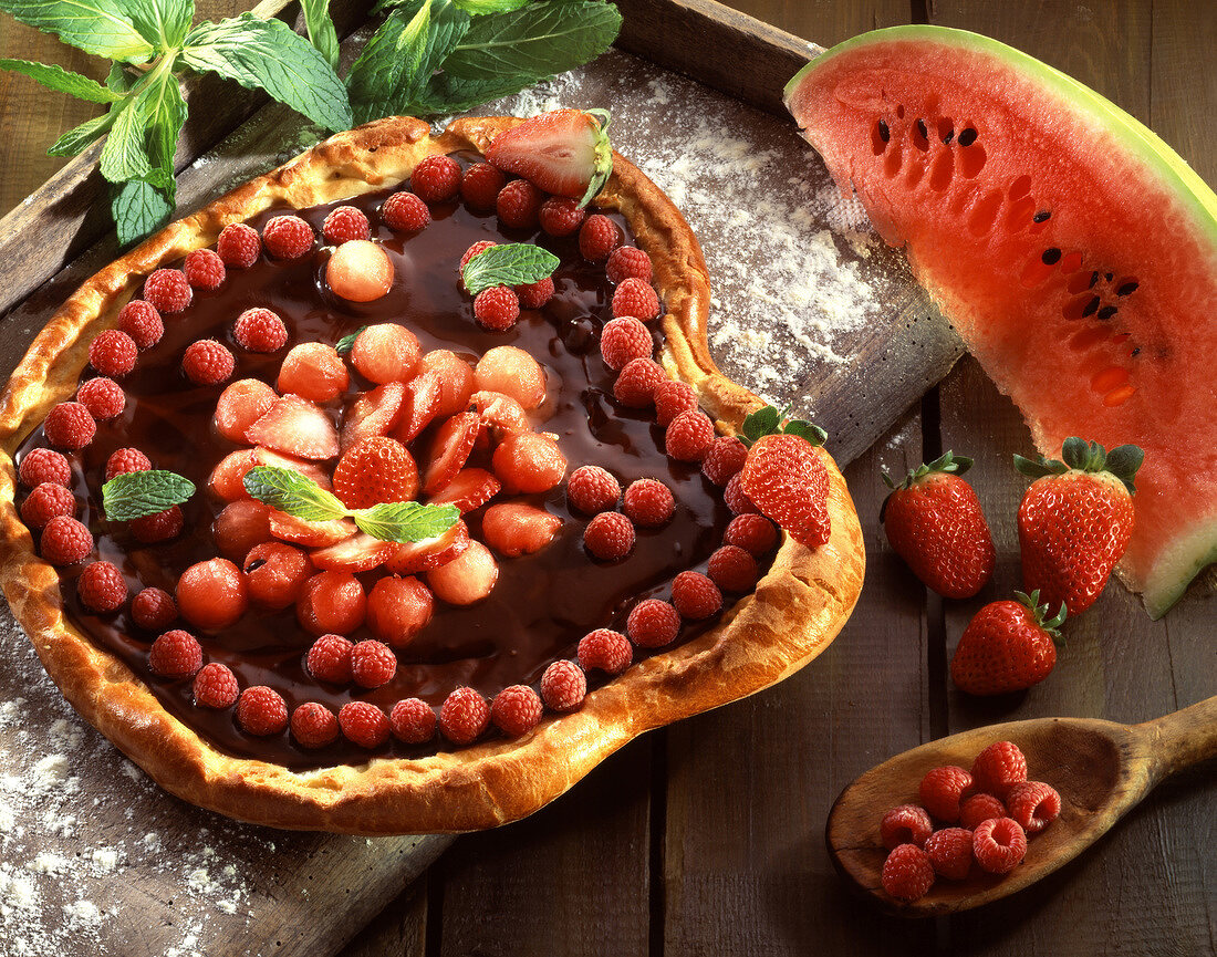 Chocolate and summer fruit brioche pastry tart