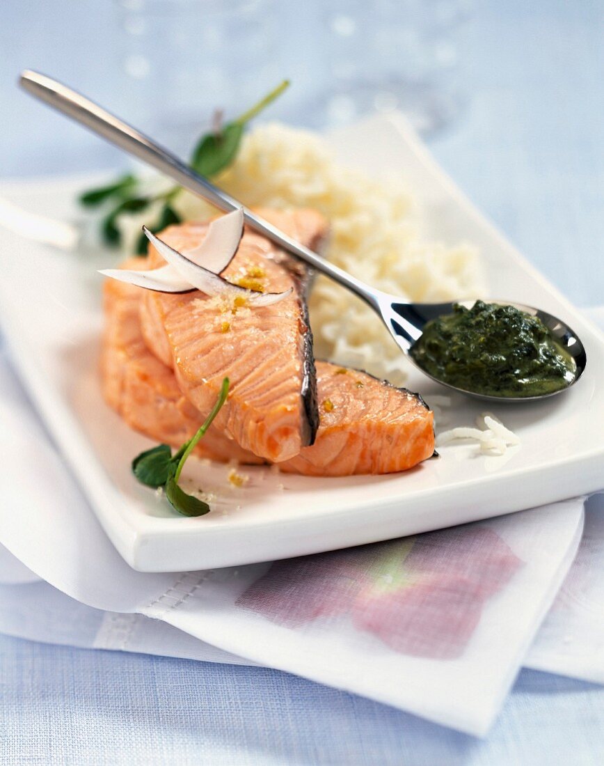 Steamed salmon with watercress coulis