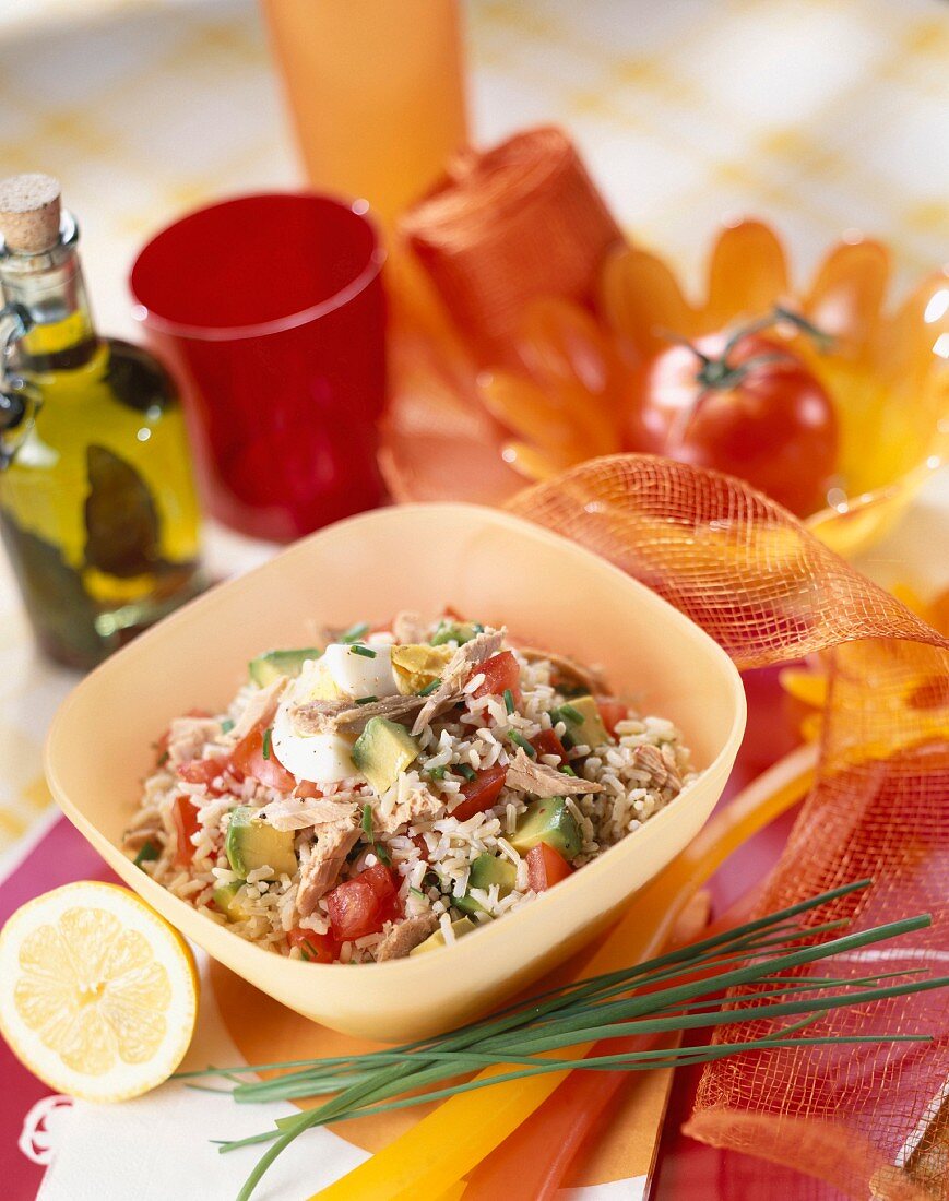 Tuna rice salad with tomato and avocado