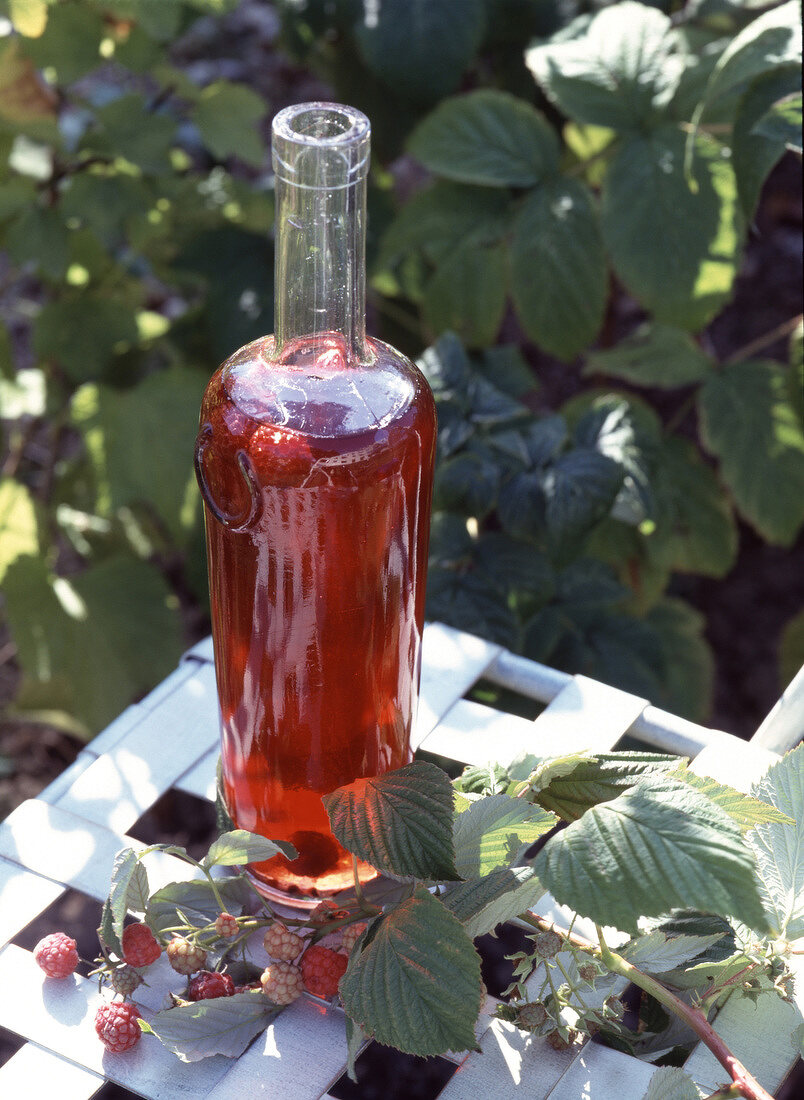 Bottle of raspberry vinegar outdoors