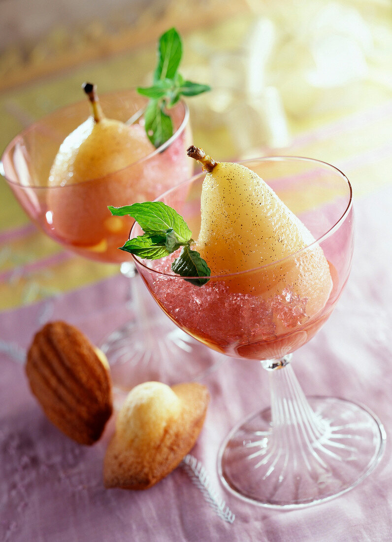 Pears poached in champagne with wine granita