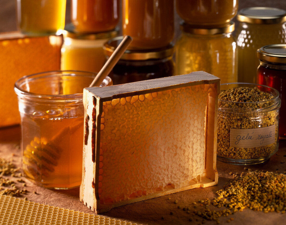 Honig-Stillleben mit Gelée royale, Honig, Pollen und Honiggläsern