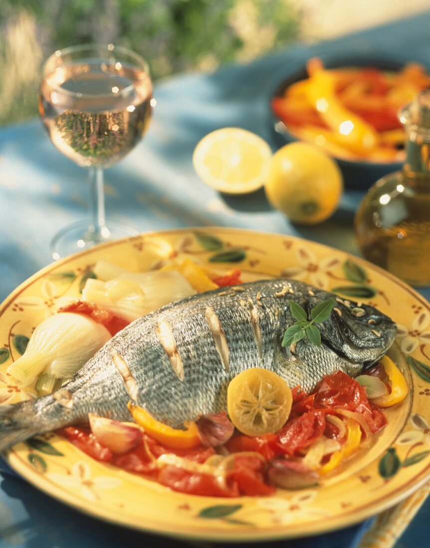 Grilled bream with tomato sauce and peppers