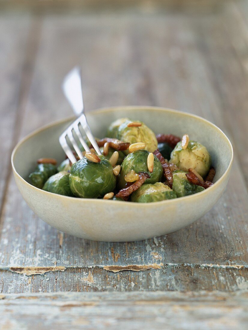 Brussels sprouts, pine nuts and bacon