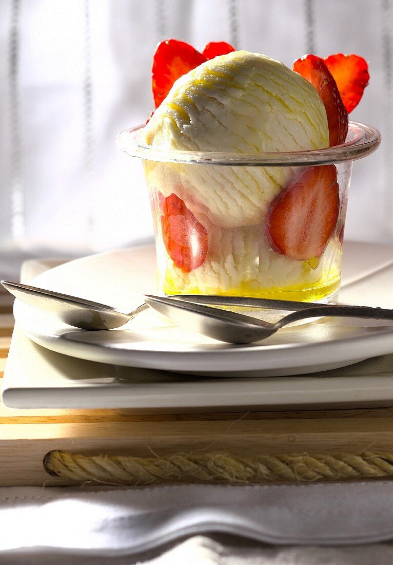 Olive oil ice cream with strawberries